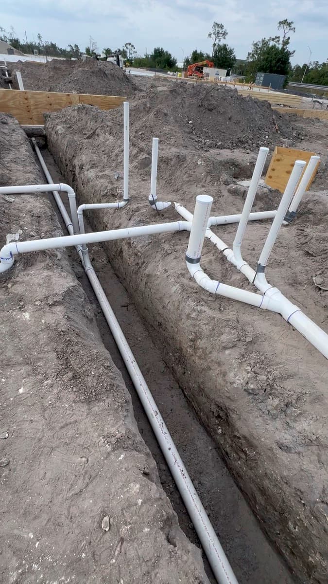 PVC plumbing lines laid out in trenches on a new construction job site.